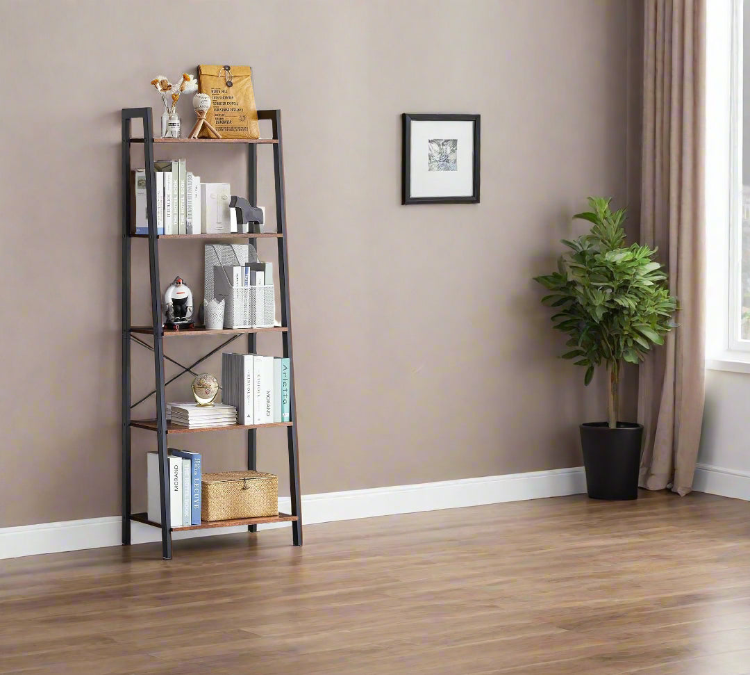5-Tier Ladder Shelf - Industrial Bookshelf and Plant Stand