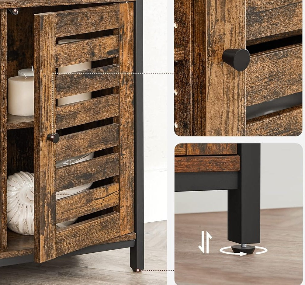 Rustic Floor Standing Cabinet with Louvred Doors – Kitchen Storage Cupboard with Shelves, Industrial Style