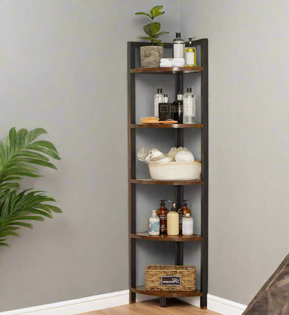 Rustic brown and black 5-tier corner shelf with steel frame, holding ceramic vases and decorative items in a living room.

