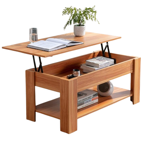 Wooden coffee table with lift-top design on a white background