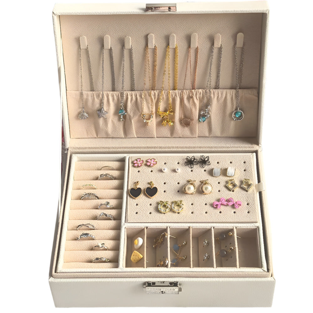 2 Layer Jewellery Box Organizer Lockable Rings Necklaces Jewellery Storage Case