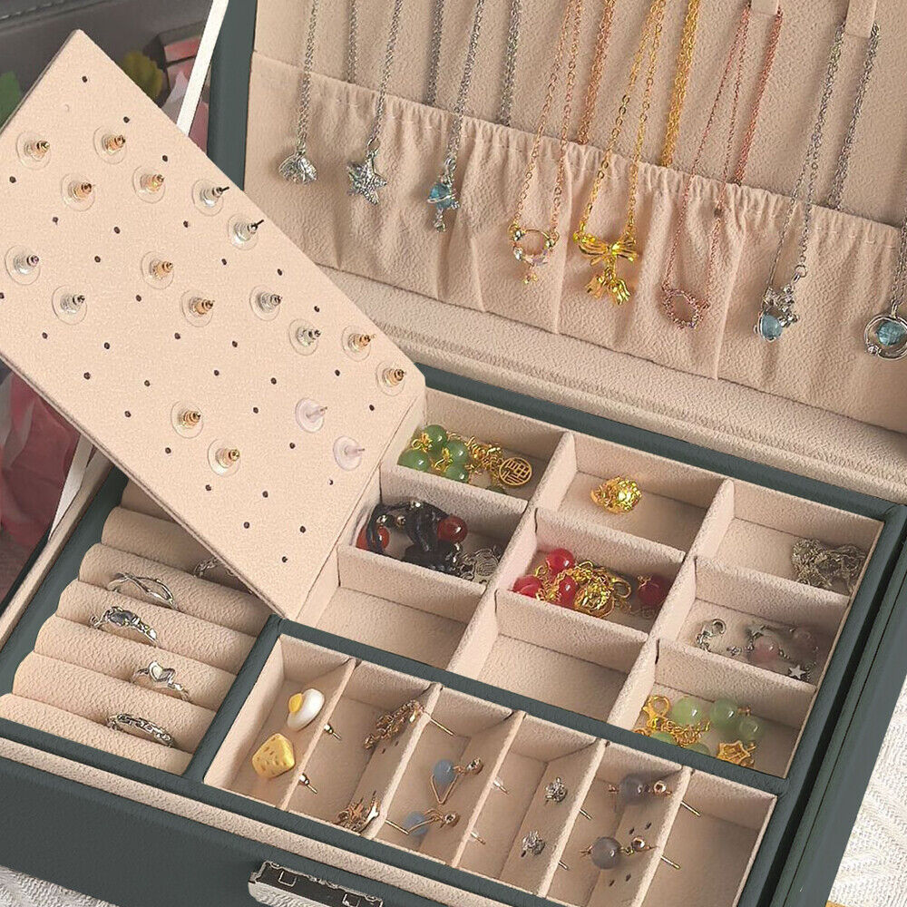 2 Layer Jewellery Box Organizer Lockable Rings Necklaces Jewellery Storage Case