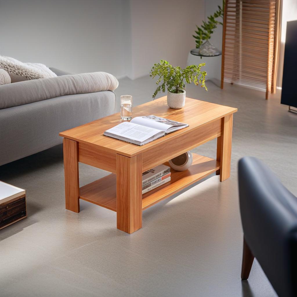 Wooden Coffee Table with 1 Shelf and Large Hidden Compartment