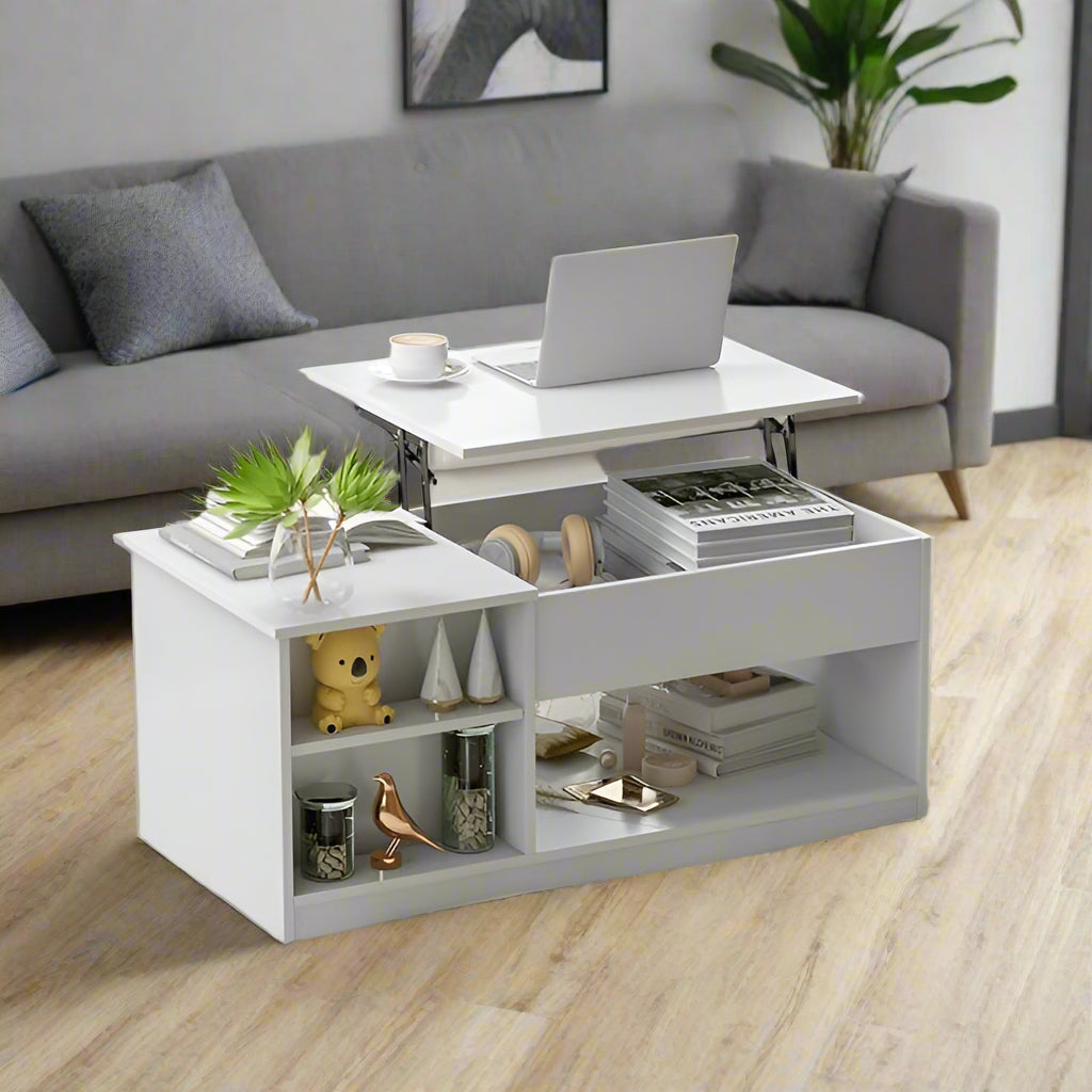 white lift up coffee table with open compartment