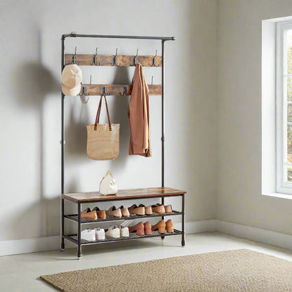 Large Hall Tree Coat Rack with Bench and Shoe Rack