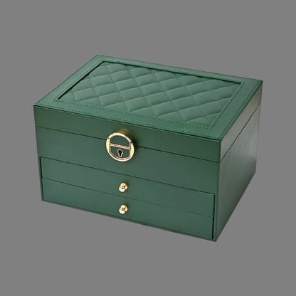Large 3 Layer Green Jewelry Box Organizer with Lock Necklace Storage Cabinet