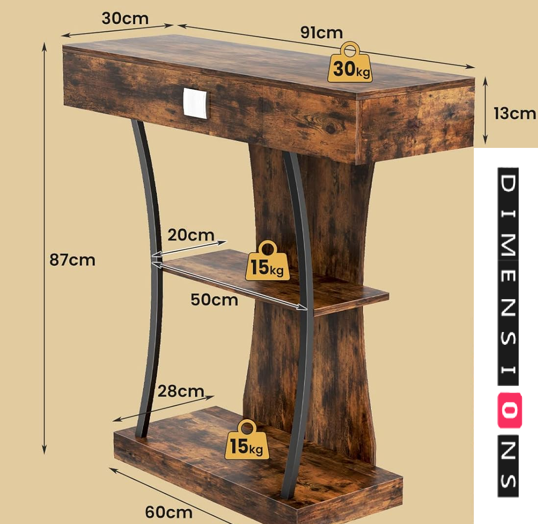 Rustic Brown Console Table with Drawer and Shelves T Shape Hallway Entryway Sofa Side Table