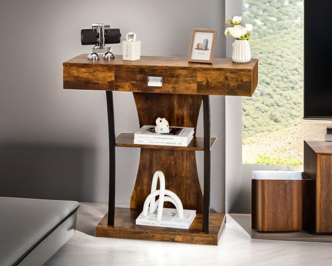 Rustic Brown Console Table with Drawer and Shelves T Shape Hallway Entryway Sofa Side Table