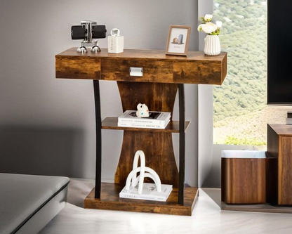 Rustic Brown Console Table with Drawer and Shelves T Shape Hallway Entryway Sofa Side Table