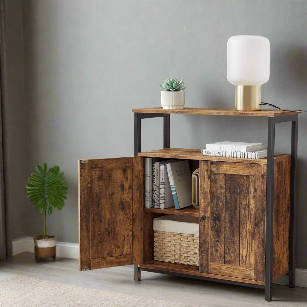Industrial Storage Cabinet with Slat Door and Adjustable Shelves - Rustic Brown