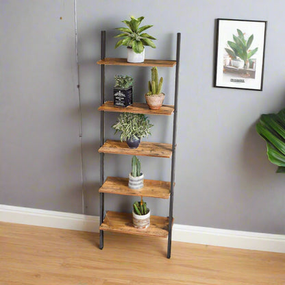 5-Tier Industrial Ladder Shelf – Rustic Metal & Wood Bookshelf