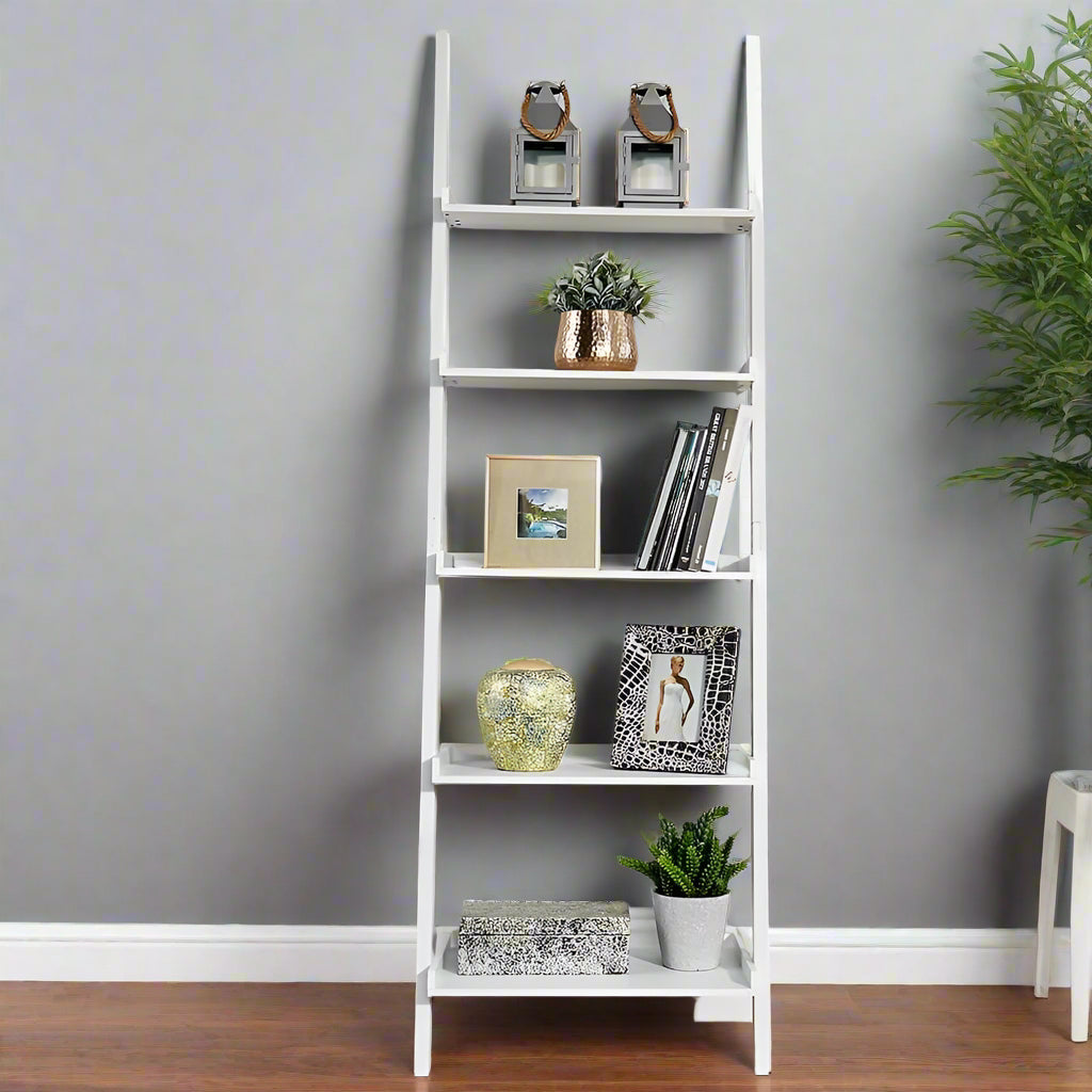 5-Tier White Ladder Shelf - Leaning Storage Bookcase