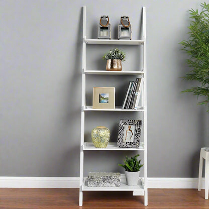 5-Tier White Ladder Shelf - Leaning Storage Bookcase