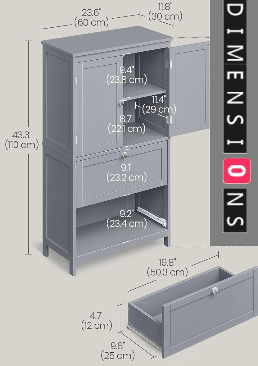 Grey Bathroom Storage Cabinet Kitchen Cupboard with 2 Drawers, 2 Doors & Adjustable Shelf