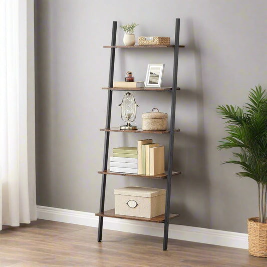 "5-tier industrial ladder shelf with dark brown wood and matte black steel frame, tilted design securely mounted to wall, perfect for books and decor."

