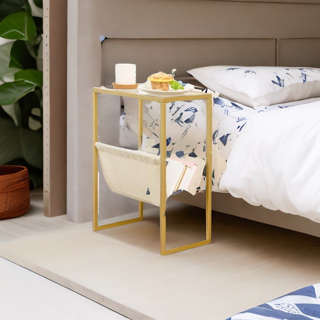 Slim Gold Side Table – Narrow Glass Sofa End Table with Fabric Magazine Holder