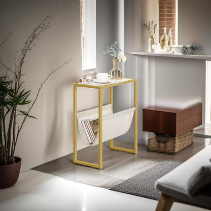 Slim Gold Side Table – Narrow Glass Sofa End Table with Fabric Magazine Holder