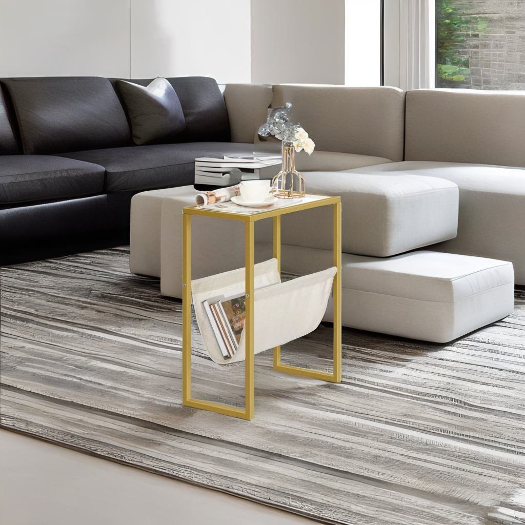 Slim Gold Side Table – Narrow Glass Sofa End Table with Fabric Magazine Holder