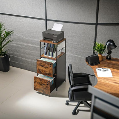 Industrial Filing Cabinet with 2 Drawers and Open Shelf | Home Office File Storage for A4