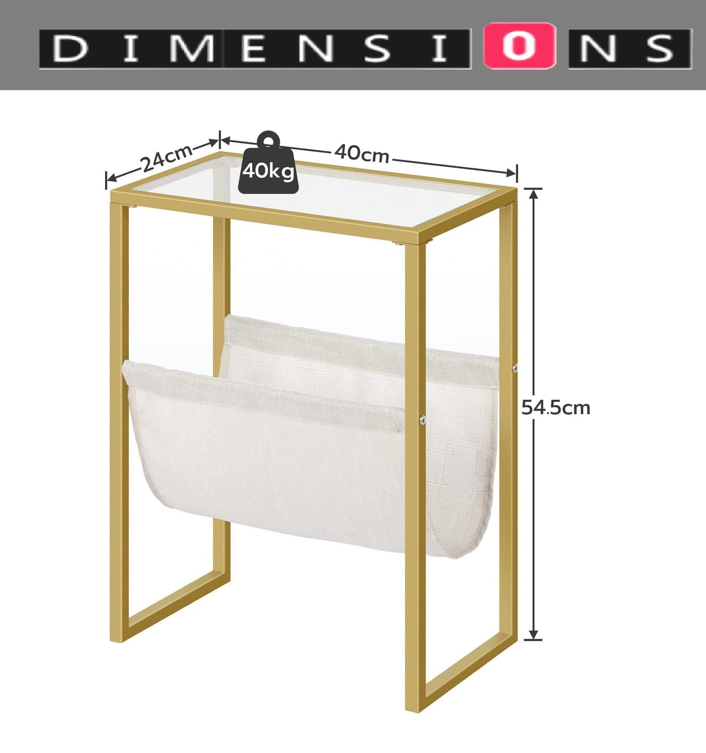 Slim Gold Side Table – Narrow Glass Sofa End Table with Fabric Magazine Holder