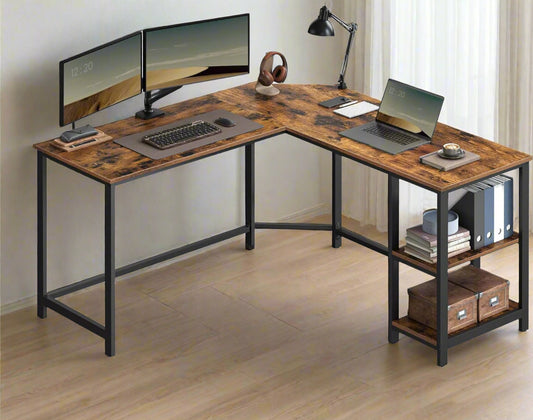 Rustic brown and black L-shaped computer desk with storage shelves and cable management in modern home office setup

