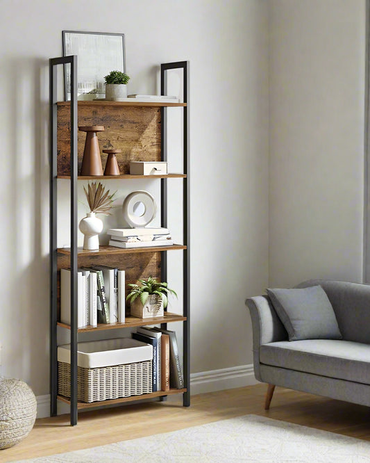 "5-tier rustic brown and black industrial bookshelf with metal frame and particleboard shelves, perfect for books, decor, and home storage."

