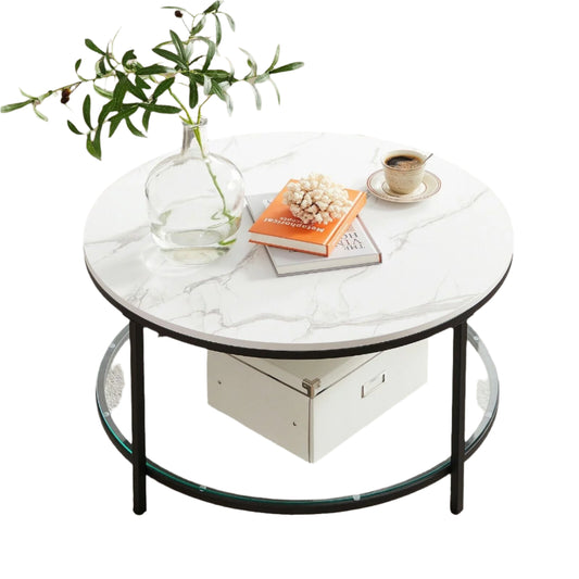 "VASAGLE round coffee table with marble white top, tempered glass surface, and black steel frame – modern design ideal for small living spaces."

