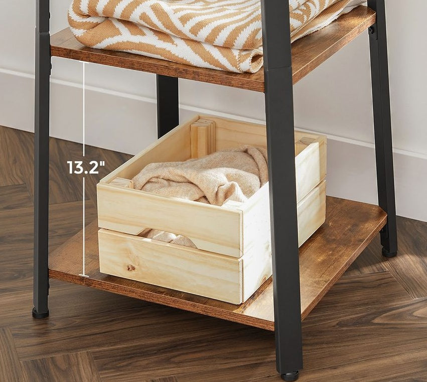 Industrial Coat Rack with Hooks and 3-Tier Storage Shelves – Black & Rustic Brown