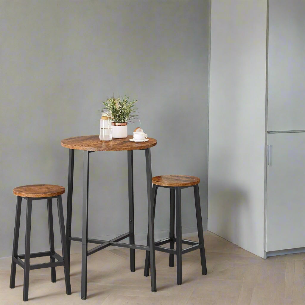 Set of 2 rustic brown and black industrial bar stools with steel frame and footrest, 65 cm high for kitchen island or breakfast bar

