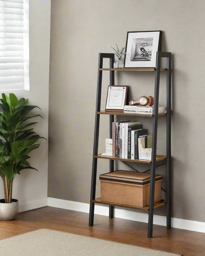 Rustic ladder bookshelf with matte-black steel frame and four-tiered open wooden shelves, ideal for books, plants, and home decor

